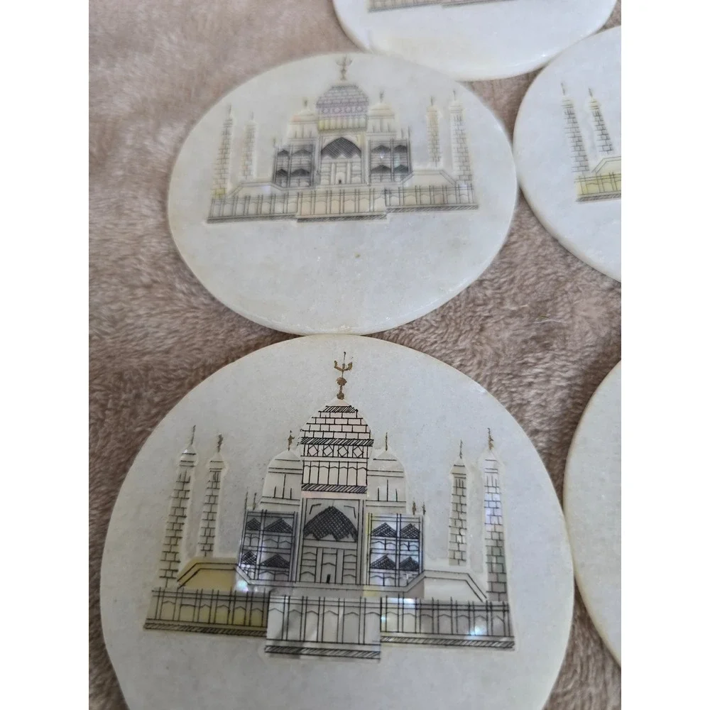 Vintage Taj Mahal Marble Coasters Set of 5 White Stone Inlay Mother of Pearl